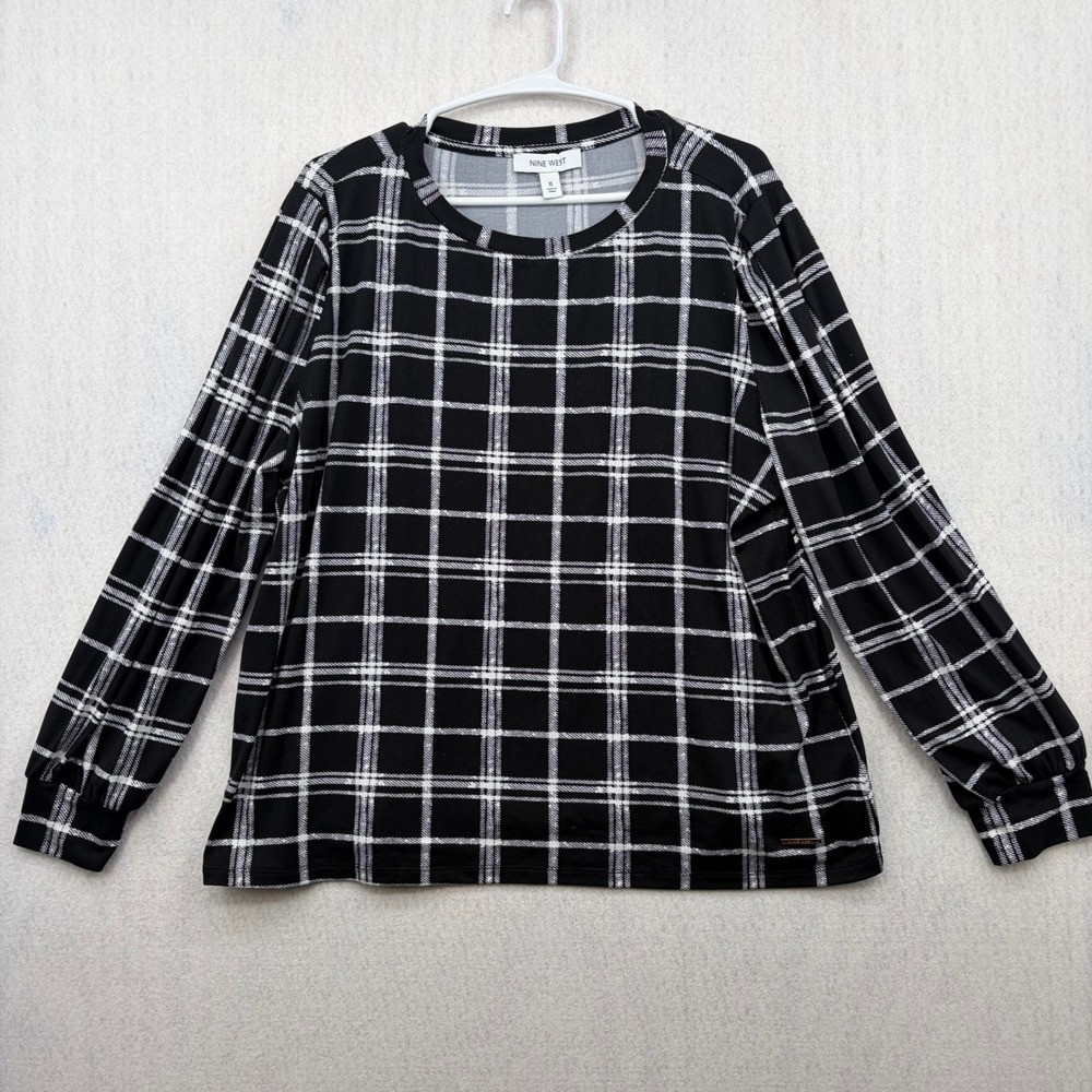 Nine West Womens XL Black White Grid Plaid Long Sleeve Crew Neck Blouse Top
